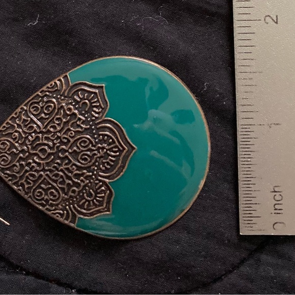 Gold Metal Filigree & Blue Green Teal Teardrop Dangle Earrings 2” - Picture 5 of 5